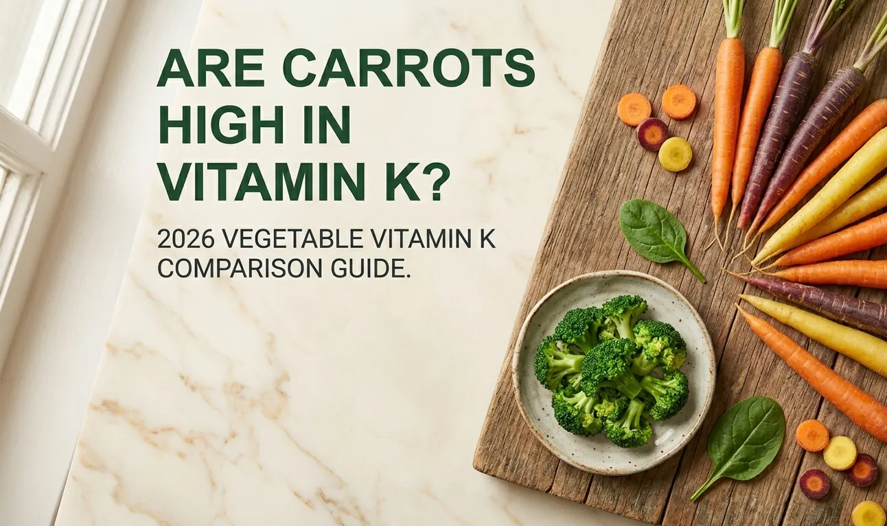 Overhead photo of fresh carrots beside broccoli and spinach with title Are Carrots High in Vitamin K comparing vegetable vitamin K content for a nutrition guide.