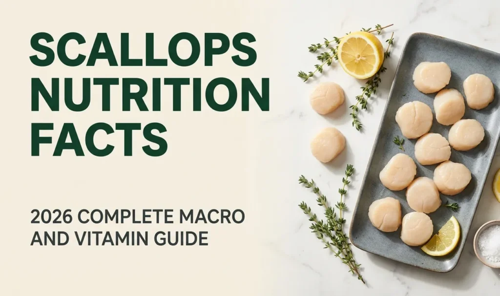 Overhead photo of fresh raw sea scallops on slate plate with lemon and herbs and title Scallops Nutrition Facts for a 2026 nutrition guide.