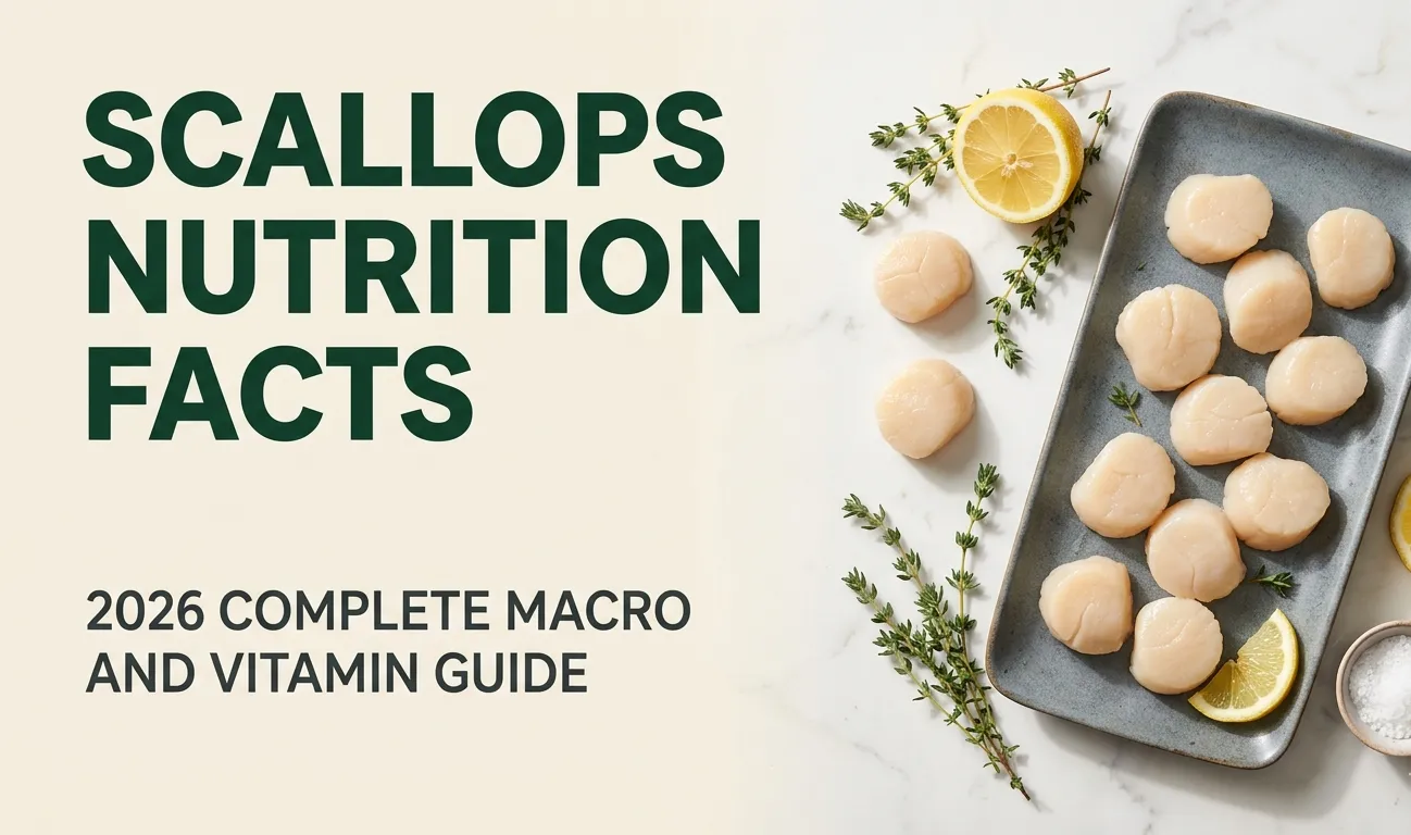 Overhead photo of fresh raw sea scallops on slate plate with lemon and herbs and title Scallops Nutrition Facts for a 2026 nutrition guide.