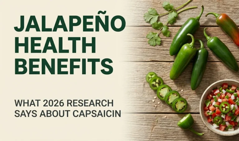 Overhead photo of fresh whole and sliced jalapeño peppers with pico de gallo and title Jalapeño Health Benefits for a 2026 research-based nutrition article.