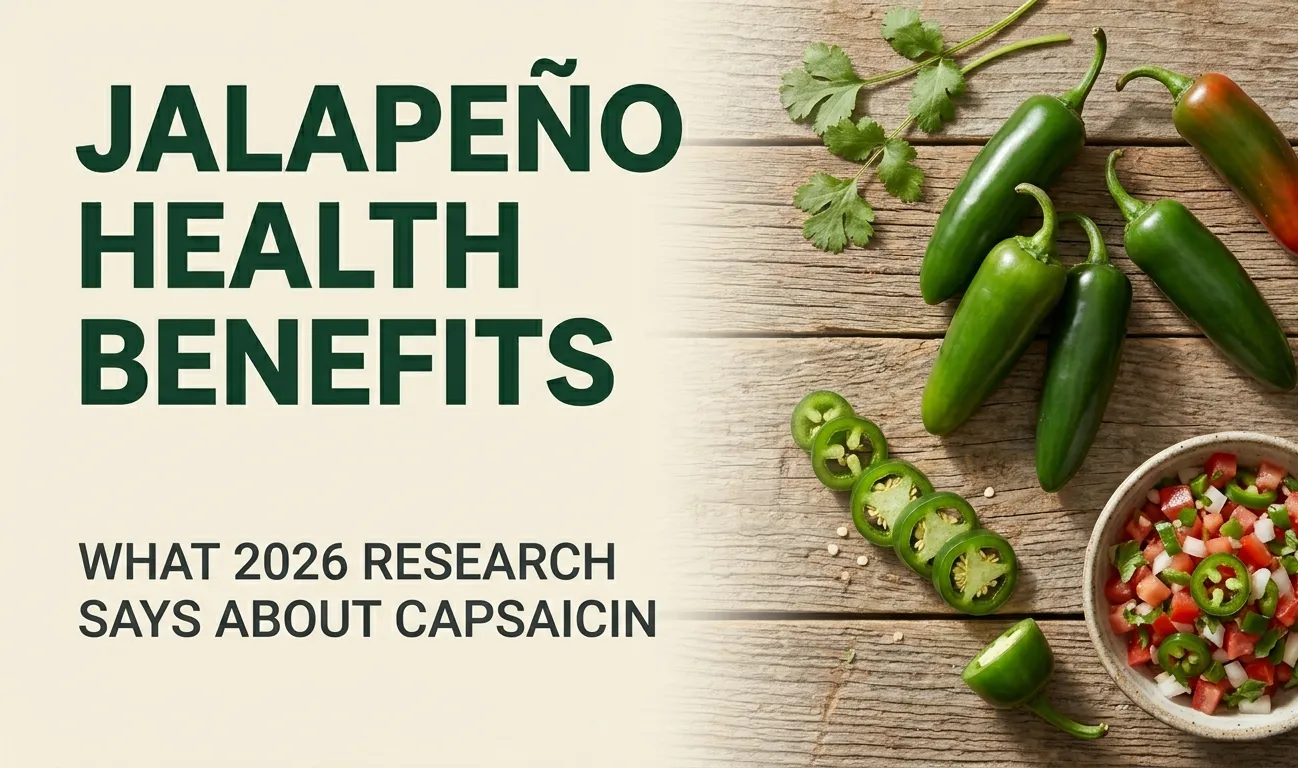 Overhead photo of fresh whole and sliced jalapeño peppers with pico de gallo and title Jalapeño Health Benefits for a 2026 research-based nutrition article.