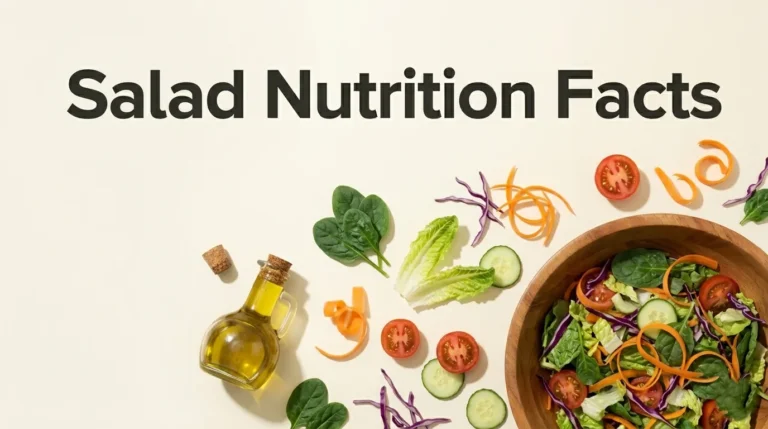 Overhead view of a colorful mixed garden salad in a wooden bowl with fresh vegetables and olive oil dressing on a light background with title Salad Nutrition Facts.