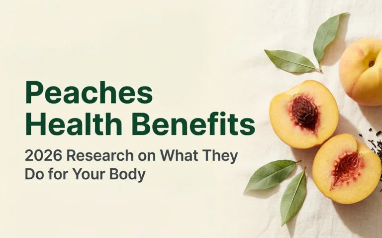 Peaches health benefits 2026 research hero banner with fresh peaches and sliced halves on cream background with editorial typography.