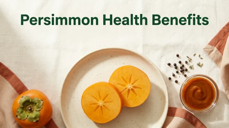 Persimmon health benefits hero image showing a sliced Fuyu persimmon on a cream plate with deep forest green title text overlay.