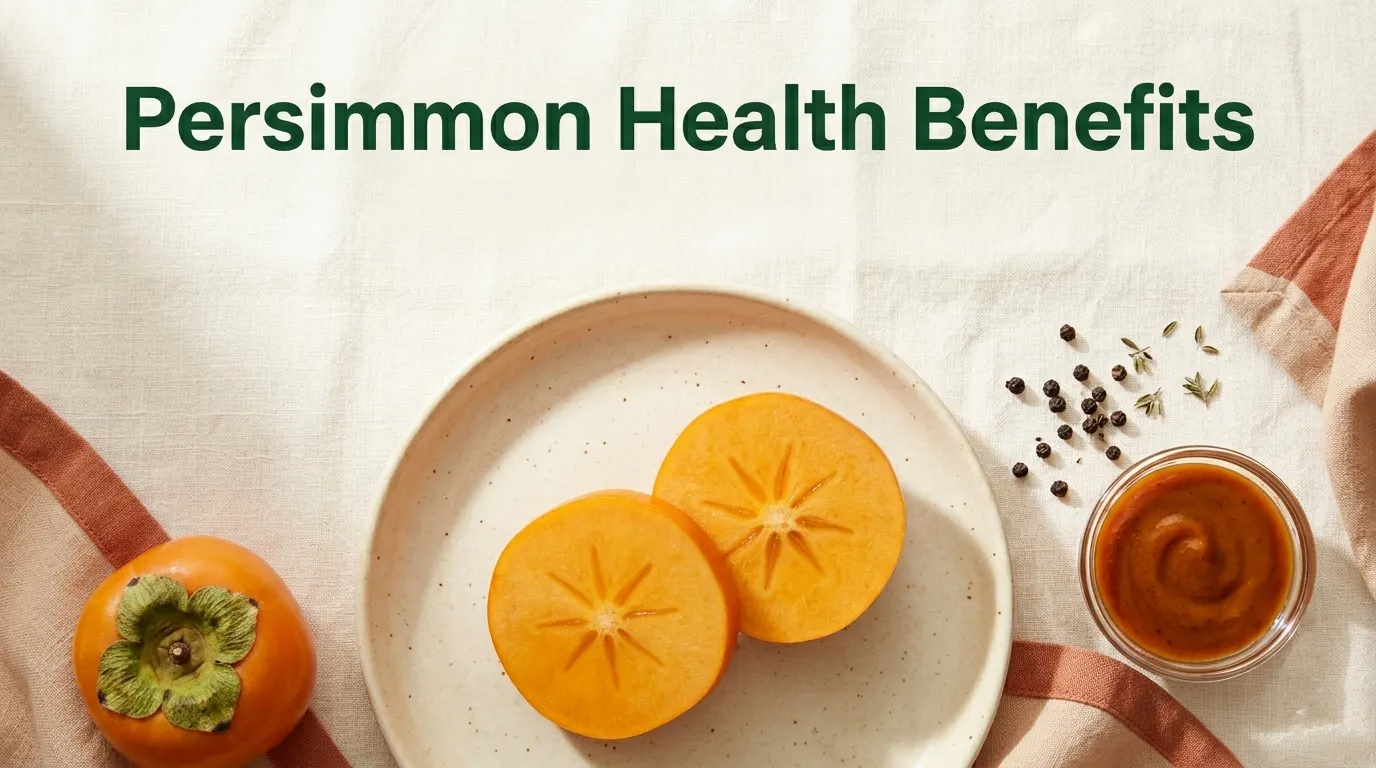 Persimmon health benefits hero image showing a sliced Fuyu persimmon on a cream plate with deep forest green title text overlay.