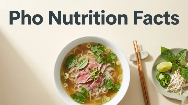Pho Nutrition Facts hero banner with a top-down view of a bowl of beef pho with rare steak, rice noodles, fresh herbs, and lime.