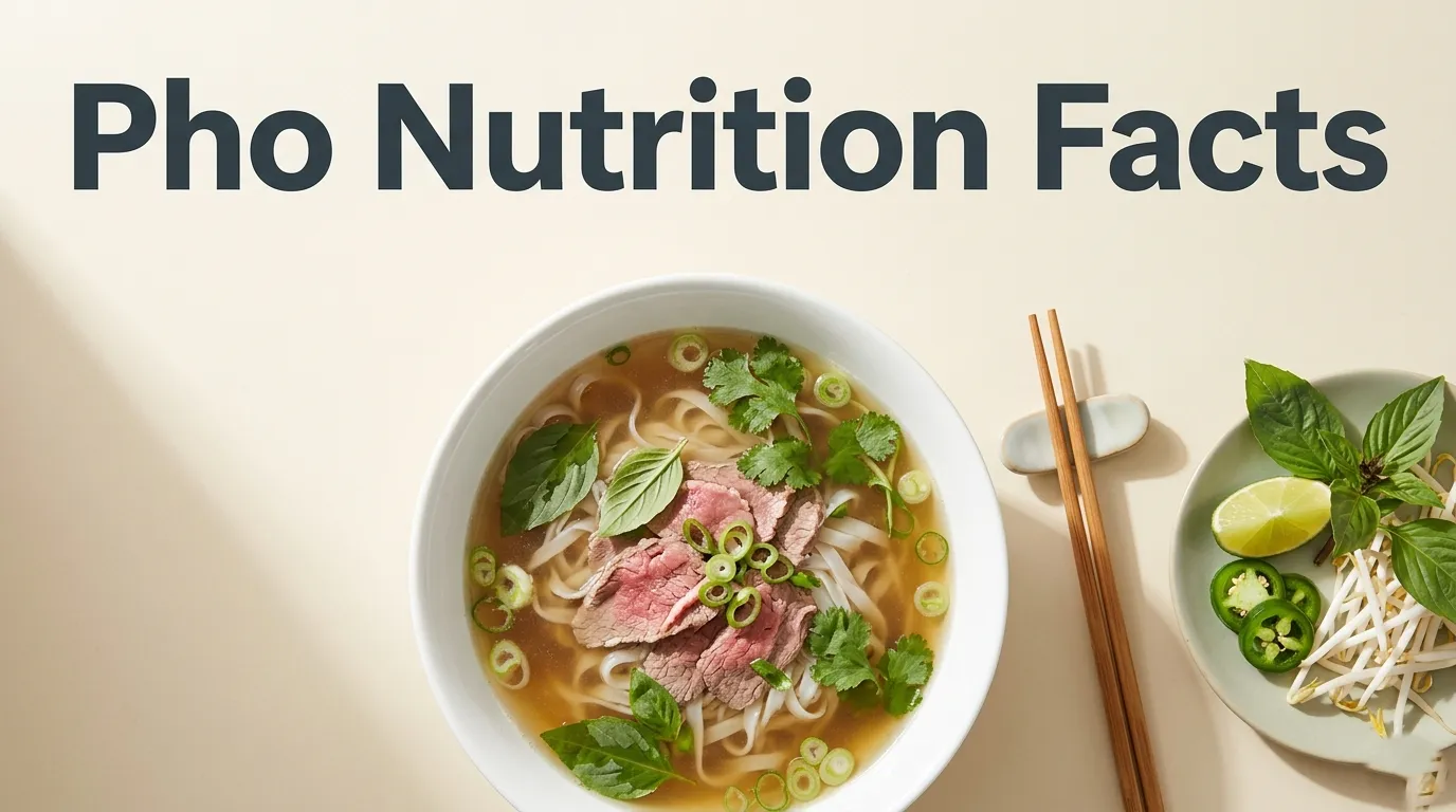 Pho Nutrition Facts hero banner with a top-down view of a bowl of beef pho with rare steak, rice noodles, fresh herbs, and lime.