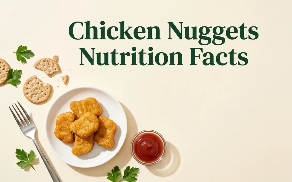 Plate of four golden chicken nuggets with ketchup on a light wood surface displaying chicken nuggets nutrition facts title overlay.
