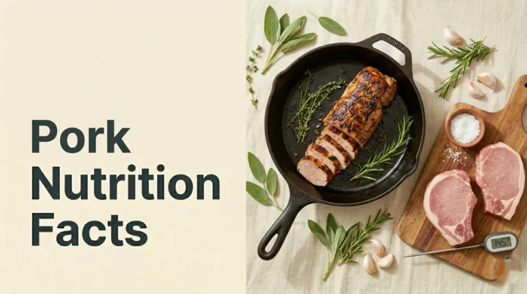 Pork nutrition facts shown with sliced grilled pork tenderloin in a skillet, raw pork chops, fresh herbs, and a meat thermometer on a cream background.