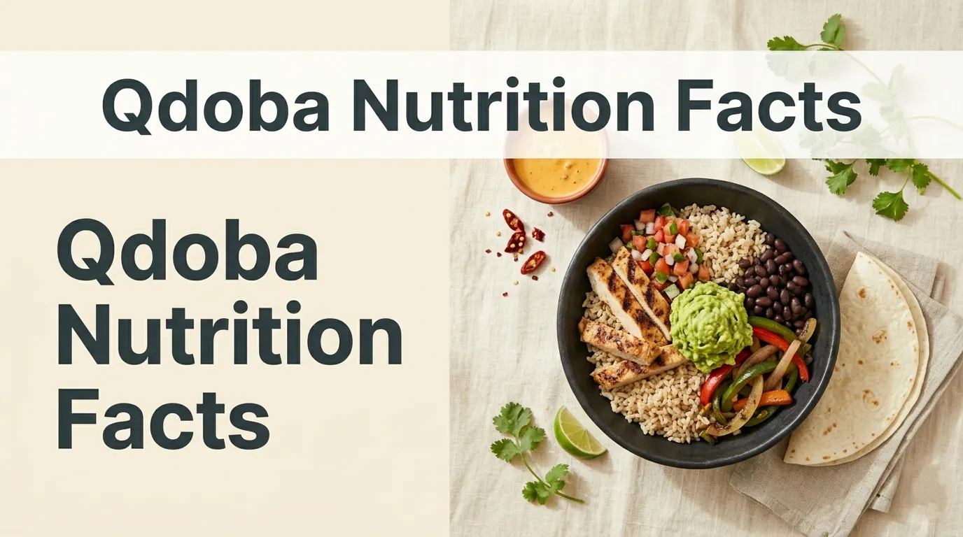 Qdoba nutrition facts shown with a chicken bowl featuring brown rice, black beans, fajita vegetables, pico de gallo, and guacamole on a cream background.