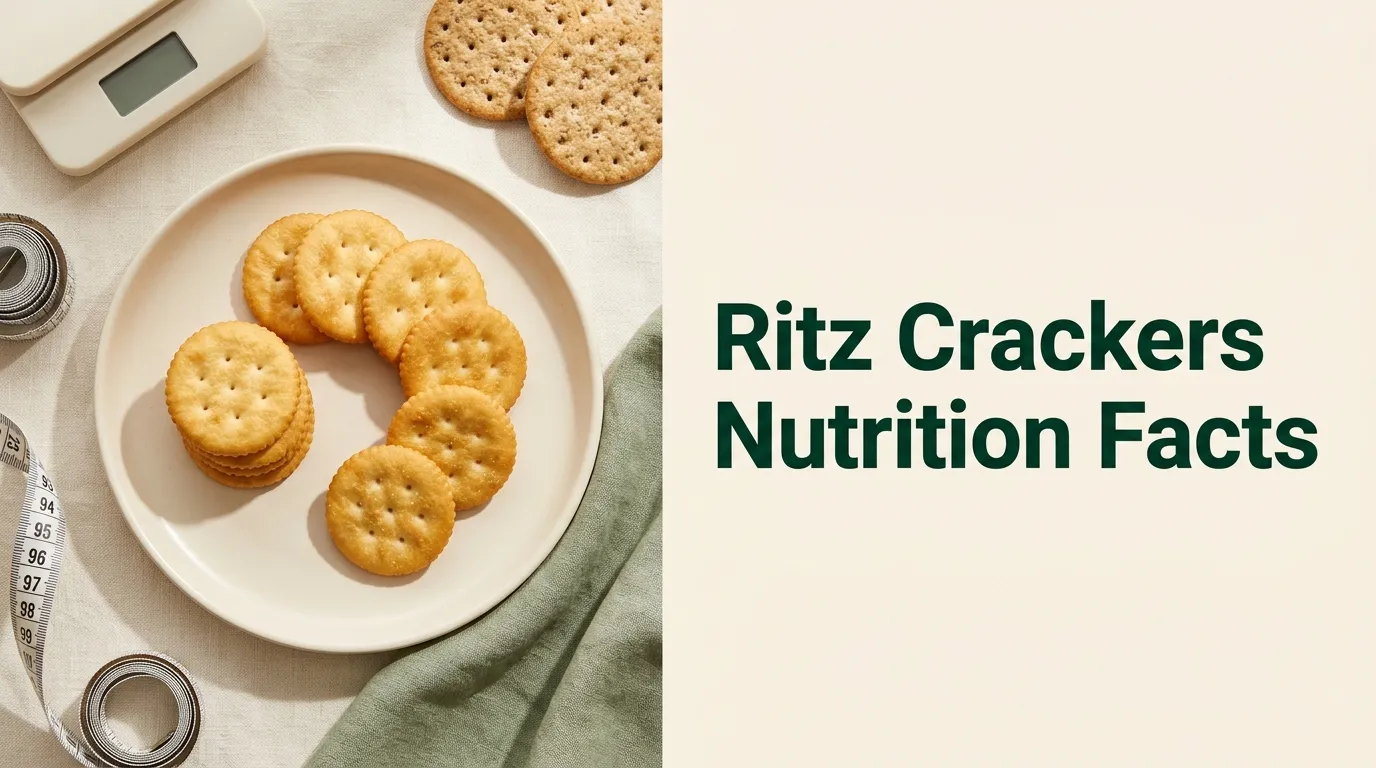 Ritz Crackers nutrition facts article hero image showing five round golden crackers on a plate representing one serving size with whole grain crackers nearby for comparison.