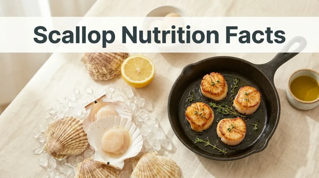 Scallop nutrition facts shown with seared sea scallops in a cast-iron skillet, raw scallops on ice, lemon, and olive oil on a cream background.