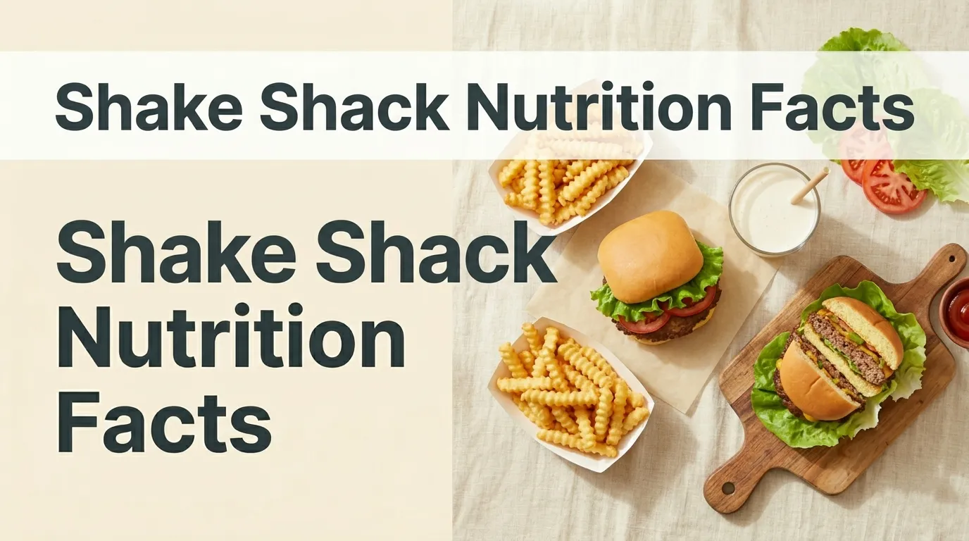 Shake Shack nutrition facts shown with a ShackBurger, crinkle-cut fries, a mini vanilla shake, and a lettuce-wrapped burger on a cream background