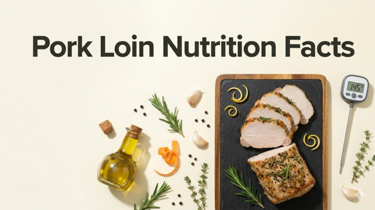 Sliced roasted pork loin on a wooden cutting board with herbs and a meat thermometer on a light background with title Pork Loin Nutrition Facts.