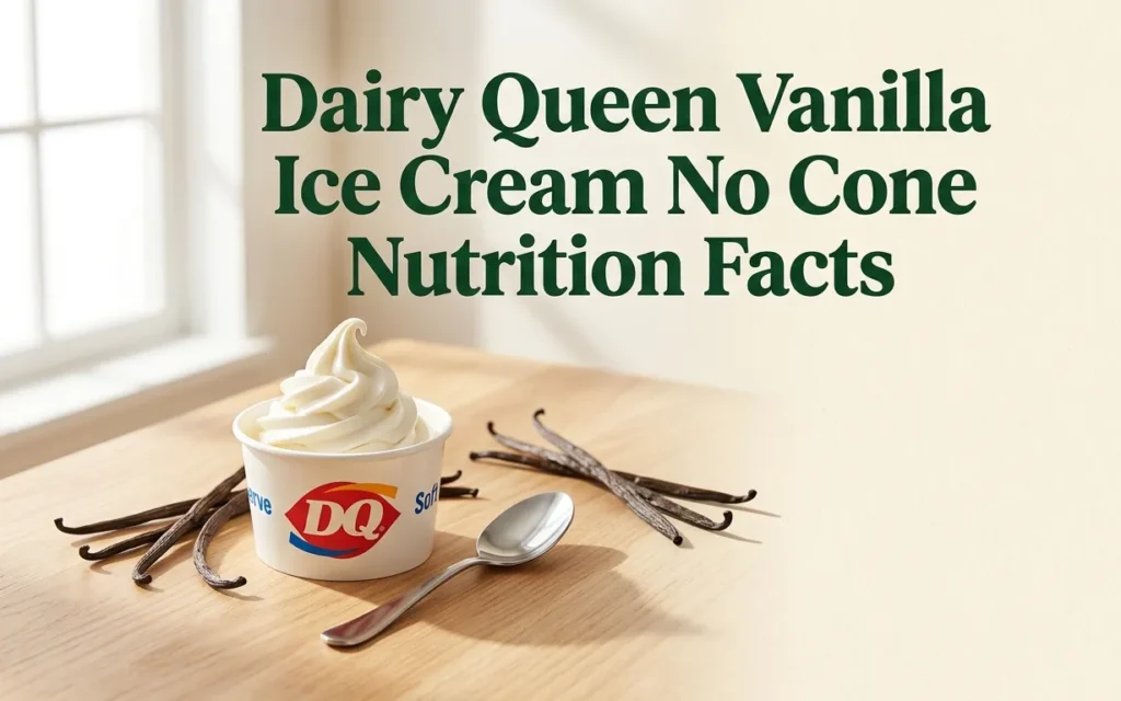 Small white cup of Dairy Queen vanilla soft serve with no cone on a light wood surface, displaying nutrition facts title overlay.