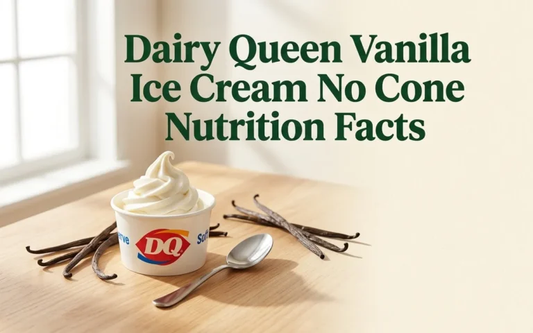 Small white cup of Dairy Queen vanilla soft serve with no cone on a light wood surface, displaying nutrition facts title overlay.