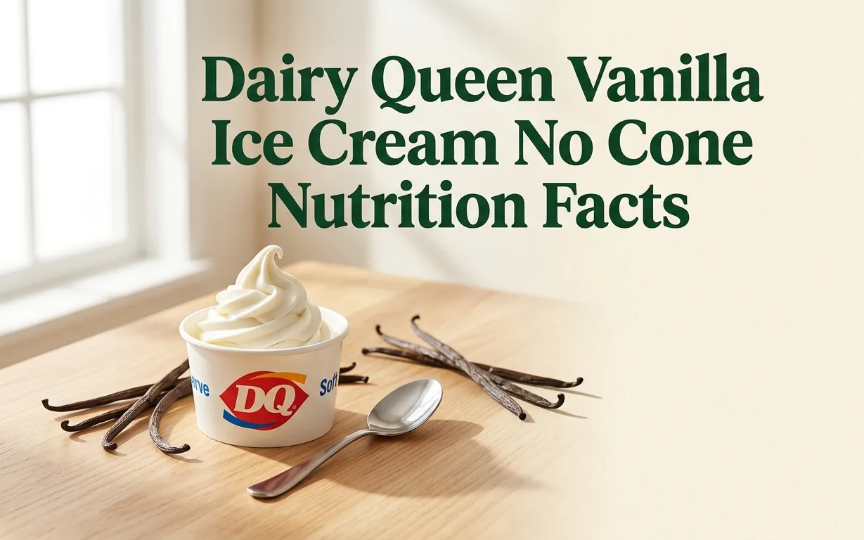 Small white cup of Dairy Queen vanilla soft serve with no cone on a light wood surface, displaying nutrition facts title overlay.