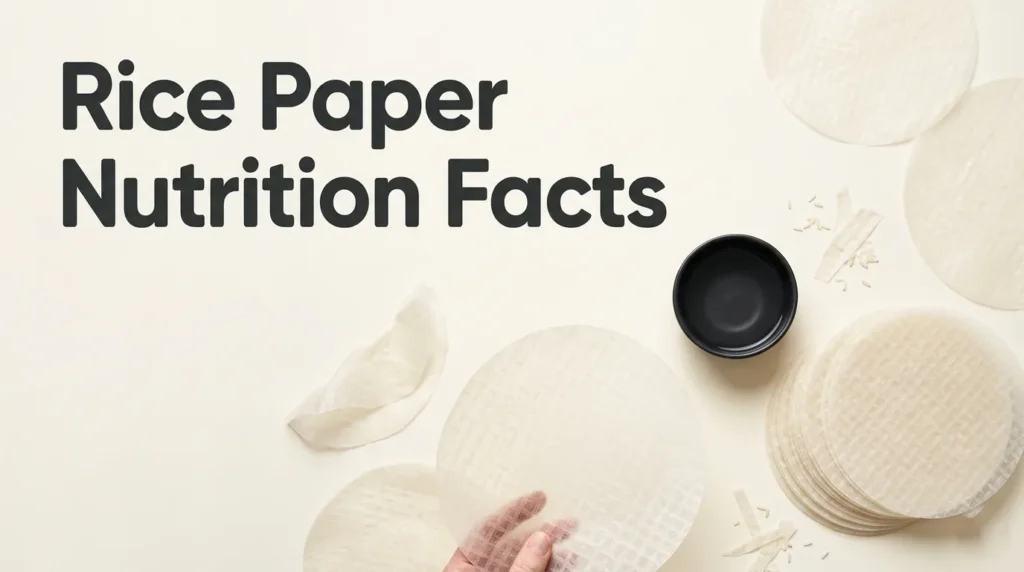Stack of translucent round rice paper wrappers on a light background with the article title Rice Paper Nutrition Facts displayed prominently. (2)