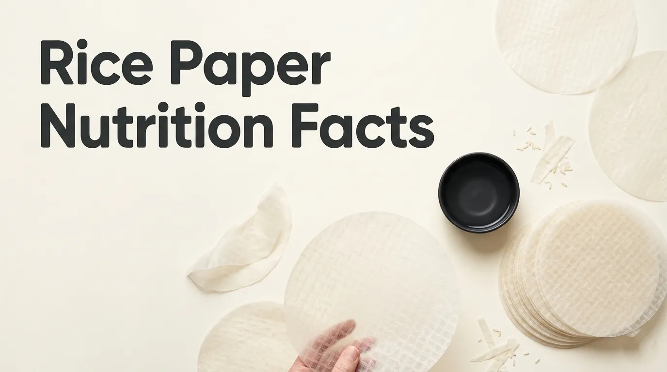 Stack of translucent round rice paper wrappers on a light background with the article title Rice Paper Nutrition Facts displayed prominently. (2)