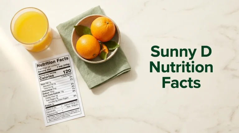 Sunny D nutrition facts article hero image showing glass of SunnyD beverage, nutrition label, and fresh whole oranges for comparison on cream marble surface.