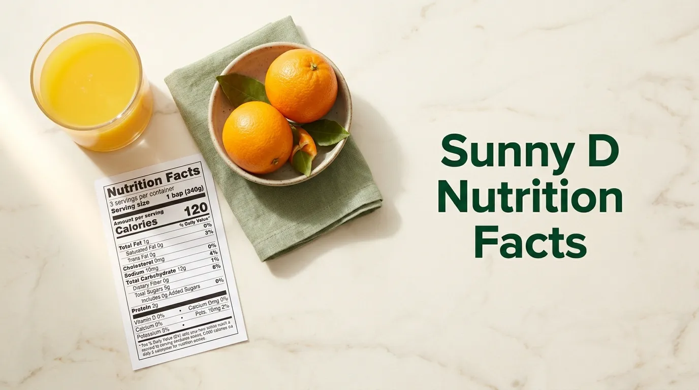 Sunny D nutrition facts article hero image showing glass of SunnyD beverage, nutrition label, and fresh whole oranges for comparison on cream marble surface.