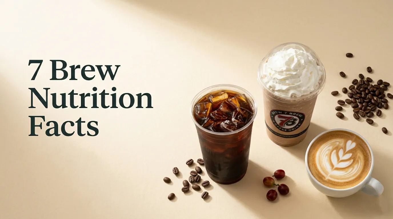 Three 7 Brew coffee drinks including cold brew, blender, and hot latte on a cream surface with 7 Brew Nutrition Facts title text for a health article hero banner.