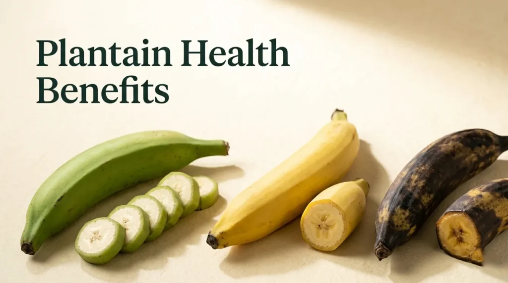 Three plantains at green, yellow, and black ripeness stages on a cream surface with Plantain Health Benefits title text for a nutrition article hero banner.