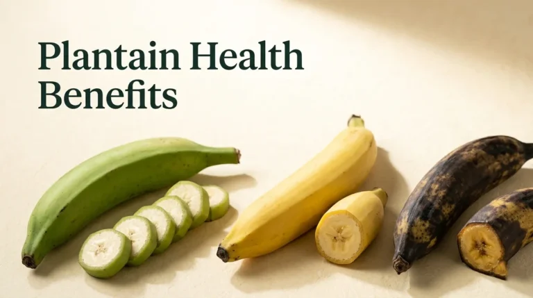 Three plantains at green, yellow, and black ripeness stages on a cream surface with Plantain Health Benefits title text for a nutrition article hero banner.