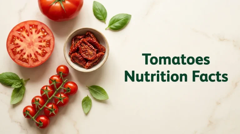 Tomatoes nutrition facts article hero image showing sliced beefsteak tomato, cherry tomatoes on vine, and sun-dried tomatoes in bowl on cream marble surface with fresh basil.