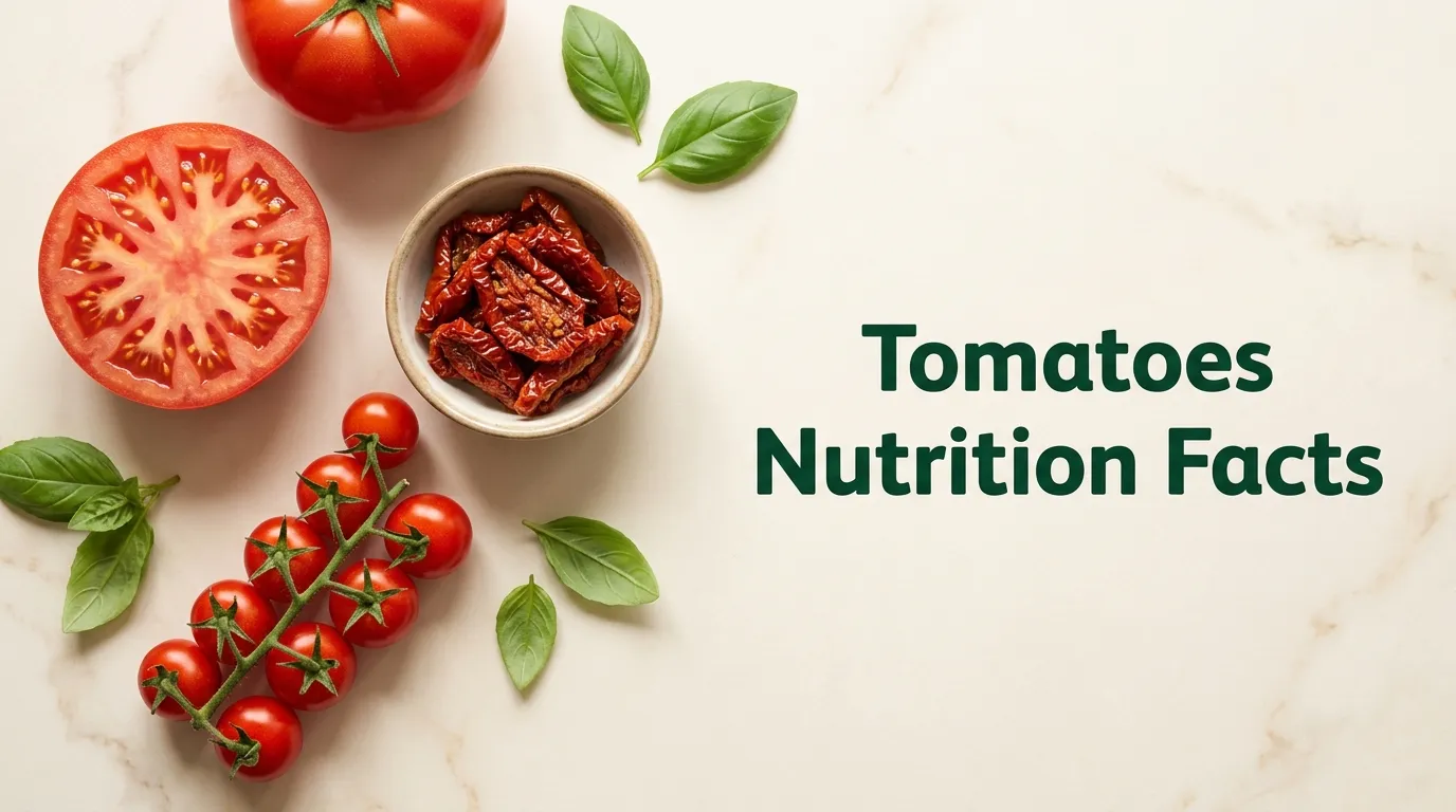 Tomatoes nutrition facts article hero image showing sliced beefsteak tomato, cherry tomatoes on vine, and sun-dried tomatoes in bowl on cream marble surface with fresh basil.