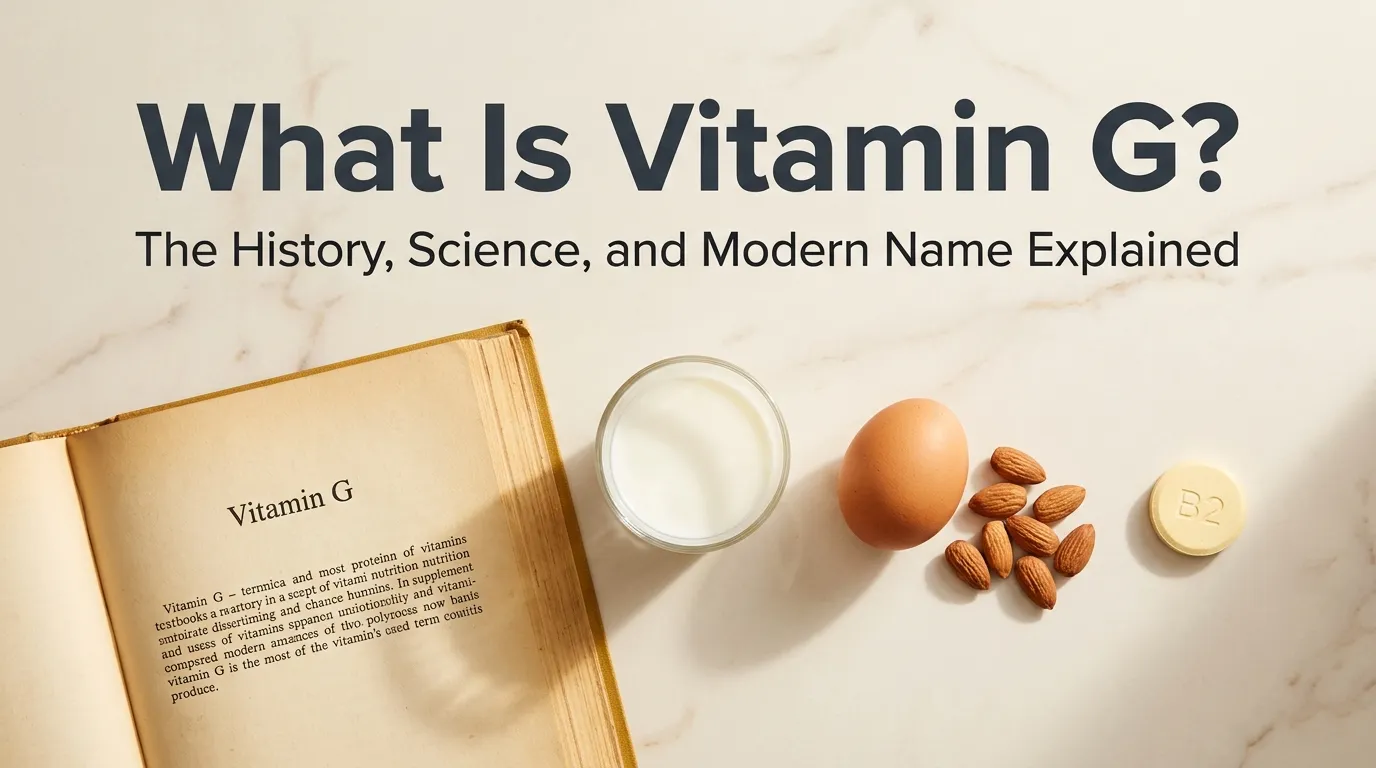 Vintage nutrition textbook showing vitamin G alongside milk, eggs, and almonds on marble surface explaining what is vitamin g history and modern riboflavin identity.
