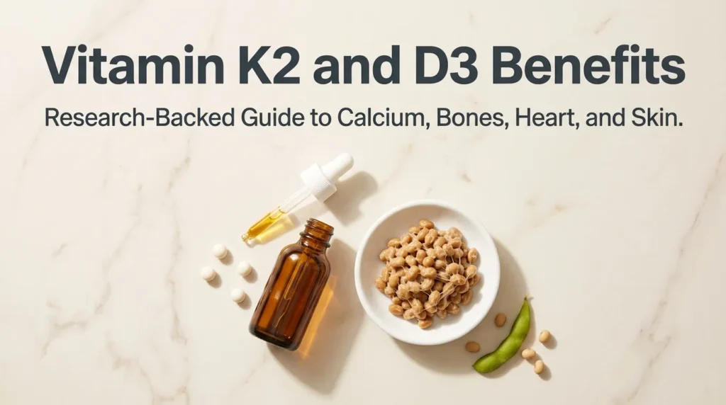 Vitamin D3 liquid supplement and K2 softgels with natto food source on marble surface showing vitamin k2 and d3 benefits research guide for bone heart and skin health.