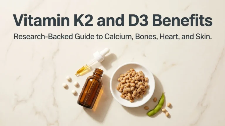 Vitamin D3 liquid supplement and K2 softgels with natto food source on marble surface showing vitamin k2 and d3 benefits research guide for bone heart and skin health.