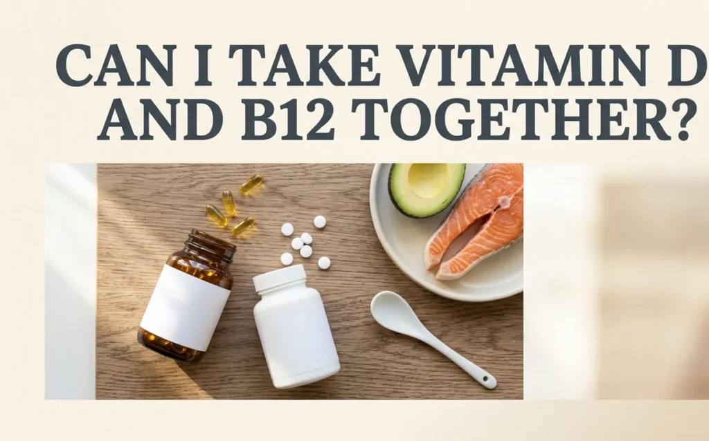 Vitamin D3 softgels and B12 tablets on a cream surface with a small dish of salmon and avocado, overlaid with the text Can I Take Vitamin D3 and B12 Together as a hero banner.
