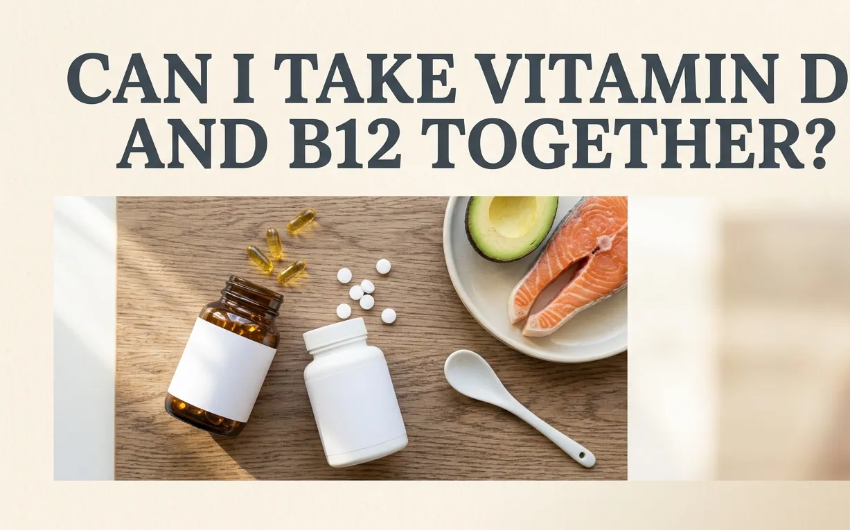 Vitamin D3 softgels and B12 tablets on a cream surface with a small dish of salmon and avocado, overlaid with the text Can I Take Vitamin D3 and B12 Together as a hero banner.
