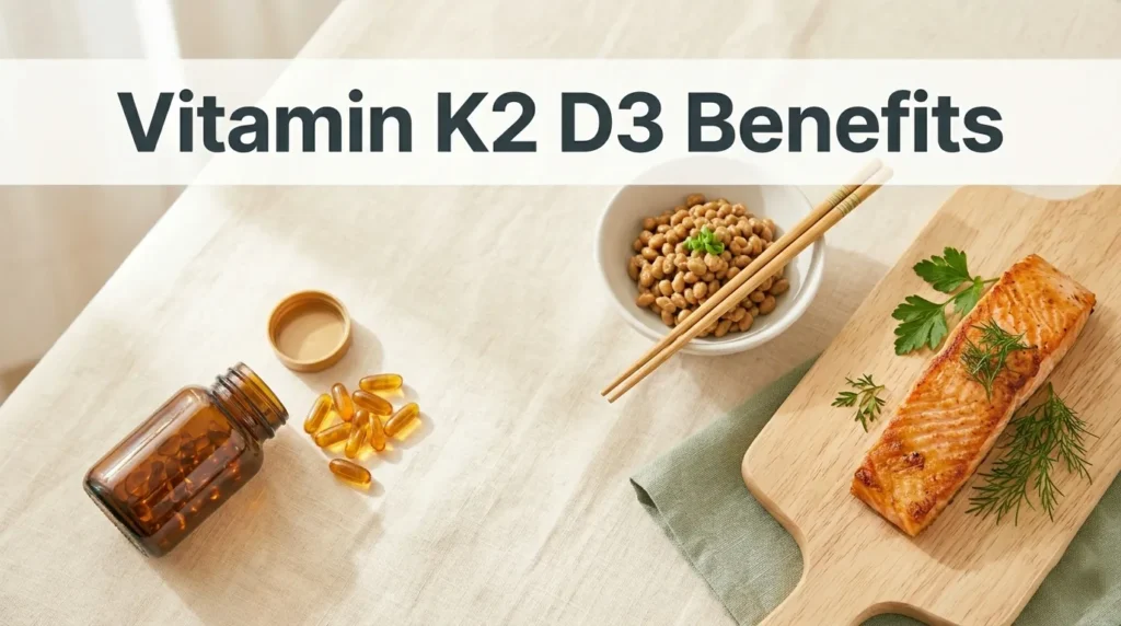 Vitamin K2 D3 benefits shown with supplement softgels, natto,
