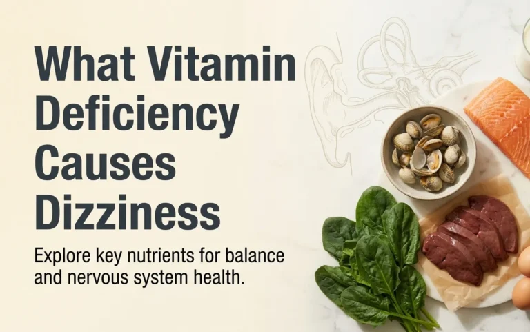 Vitamin-rich foods including salmon, clams, beef liver, spinach, and eggs arranged on a marble surface with the headline What Vitamin Deficiency Causes Dizziness displayed prominently.