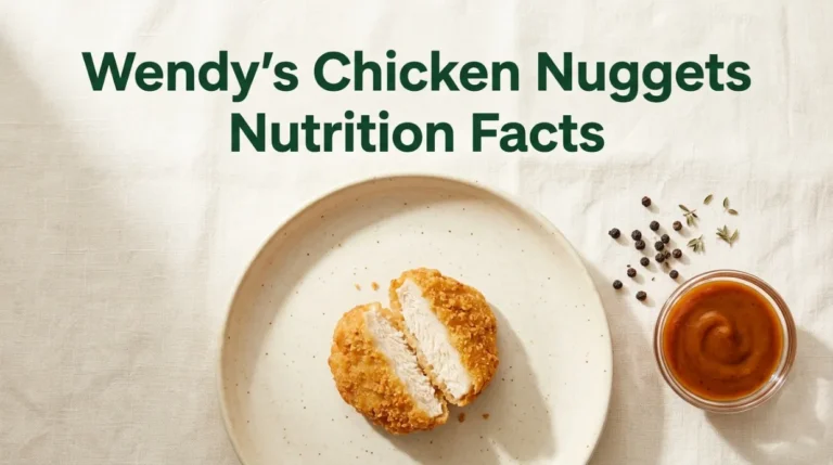 Wendy's chicken nuggets nutrition facts hero image showing a cut chicken nugget on a cream plate with deep forest green title text overlay.