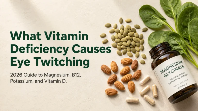 What vitamin deficiency causes eye twitching 2026 guide with magnesium-rich foods and supplement on editorial cream background.