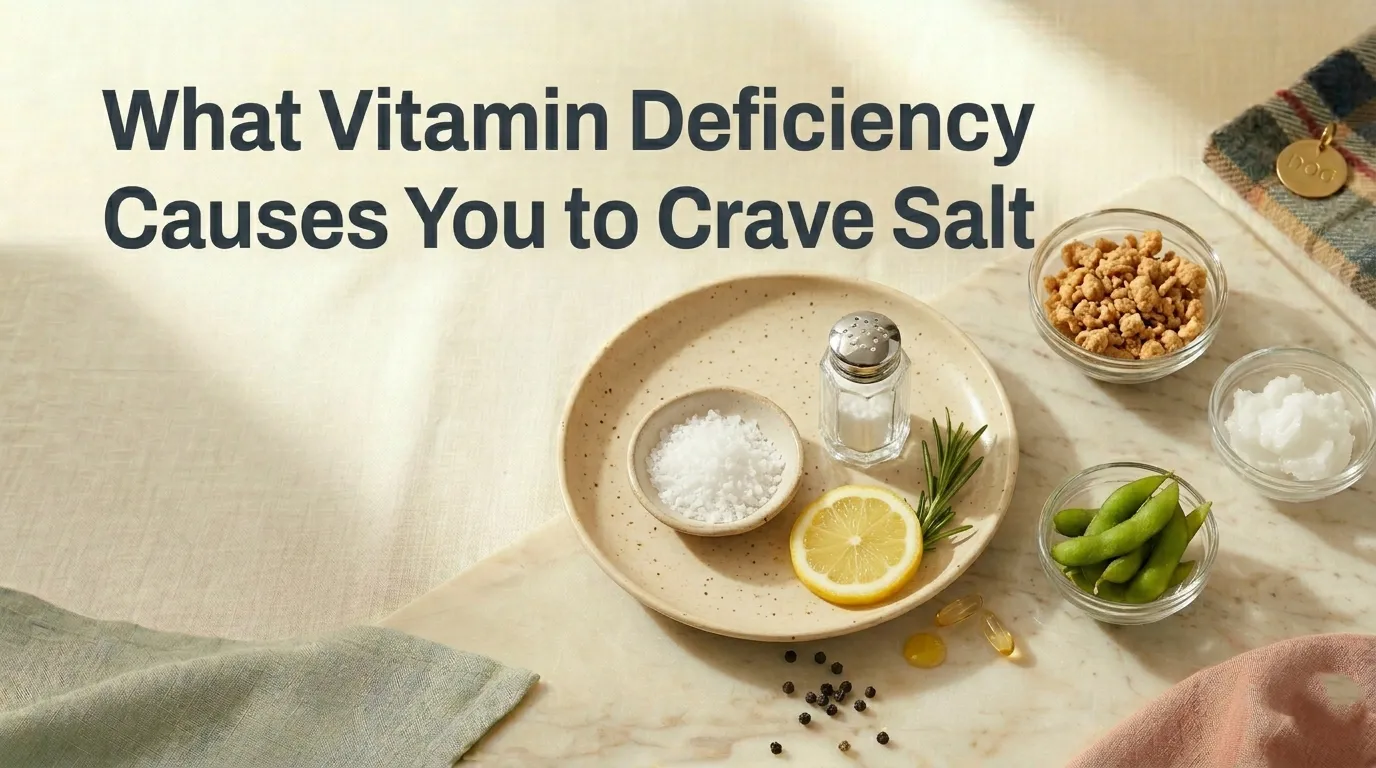 What vitamin deficiency causes salt cravings hero image showing sea salt dish on cream marble with slate charcoal title text overlay.