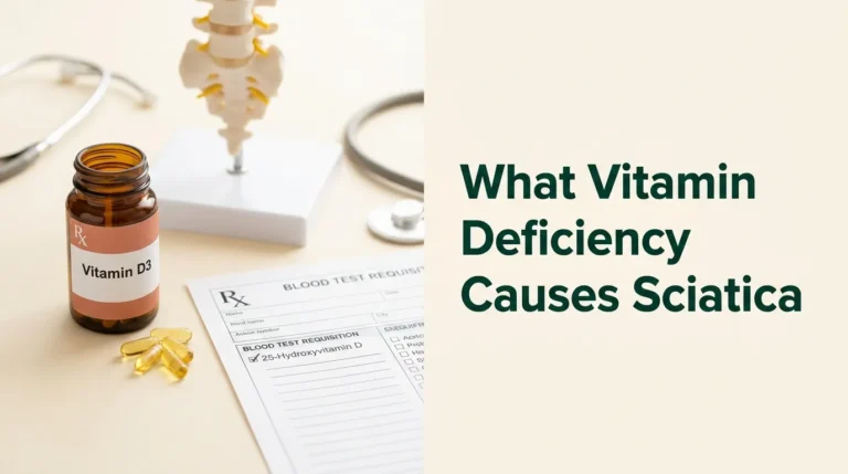 What vitamin deficiency causes sciatica article hero image showing vitamin D3 supplement bottle, capsules, and 25-hydroxyvitamin D blood test form near spine anatomical model.
