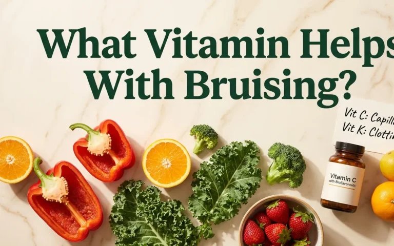 What vitamin helps with bruising hero banner with vitamin C and K foods red bell peppers oranges kale broccoli and bioflavonoid supplement on cream surface.