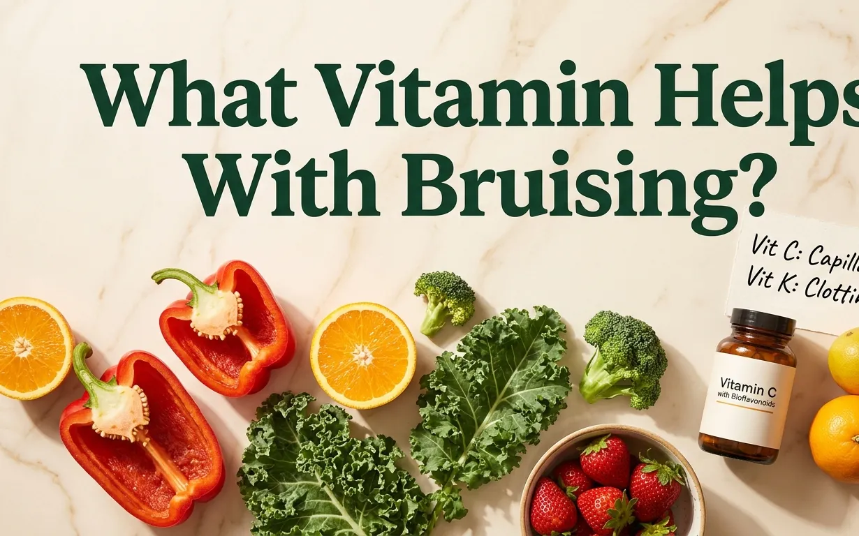 What vitamin helps with bruising hero banner with vitamin C and K foods red bell peppers oranges kale broccoli and bioflavonoid supplement on cream surface.