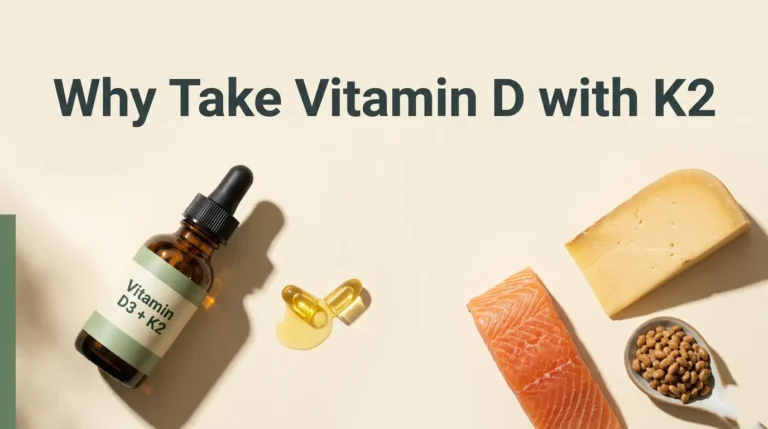 Why Take Vitamin D with K2 hero banner with supplement softgel, salmon, natto, and cheese on a warm cream background.