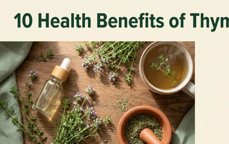 10 health benefits of thyme shown with fresh thyme sprigs, thyme essential oil, and a steaming cup of thyme tea on a rustic wooden surface.