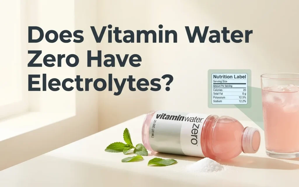 A bottle and glass of Vitamin Water Zero surrounded by stevia leaves and erythritol crystals, with the headline Does Vitamin Water Zero Have Electrolytes.