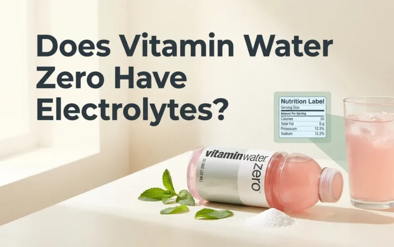 A bottle and glass of Vitamin Water Zero surrounded by stevia leaves and erythritol crystals, with the headline Does Vitamin Water Zero Have Electrolytes.