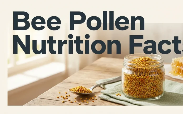 A glass jar of bee pollen granules with a teaspoon on a wooden table, titled Bee Pollen Nutrition Facts.