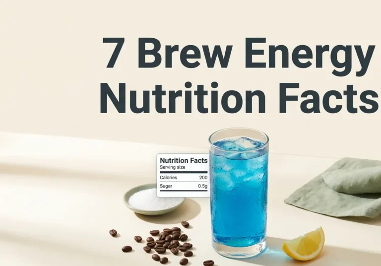 A glass of blue energy drink with ice and a nutrition label graphic, titled 7 Brew Energy Nutrition Facts.