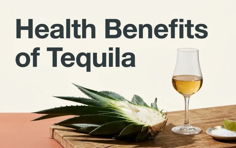 A glass of tequila and a raw blue agave plant on a wooden table with the headline Health Benefits of Tequila.